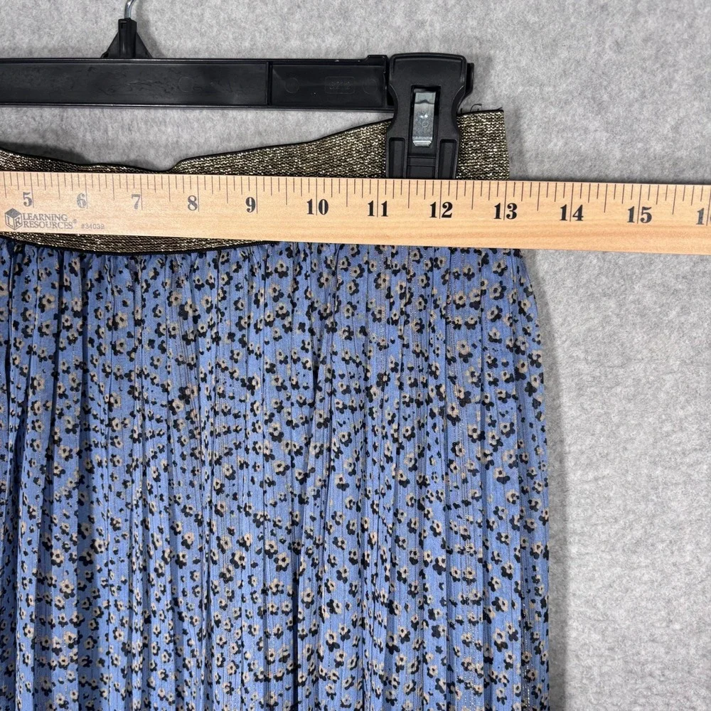 Rue de Femme Pleated Midi Skirt Small Blue Floral Flowy Gold Metallic Feminine‎